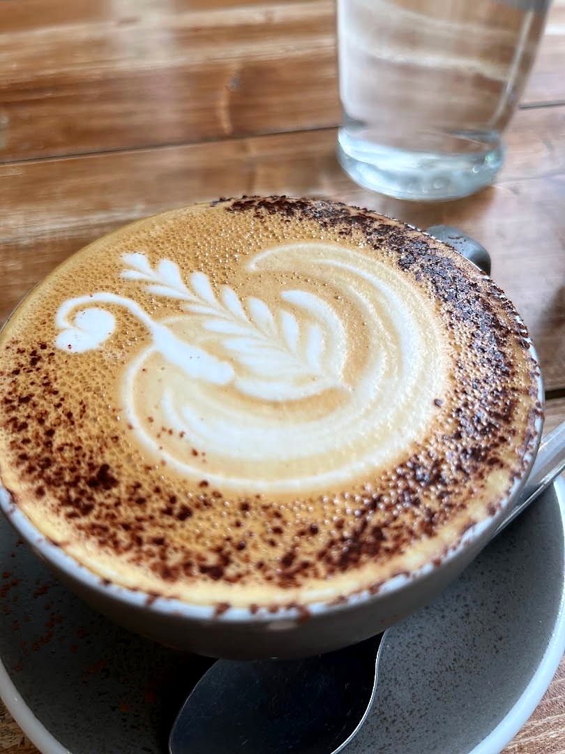 A cappuccino with a swan drawn in the milk foam and dusted with chocolate, on a wooden table next to a glass of water